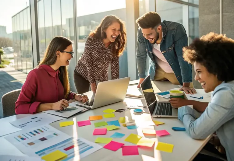 People discussing Reach Optimized digital marketing at a table